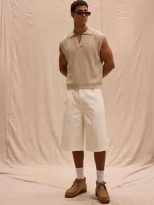Musero V Neck Collared Drop Shoulder Lightweight Knit Sleeveless Sweater Vest Spring Summer Streetstyle Holiday Vacation - Apricot - View 4