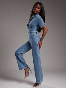 NYA SZN Denim Short Sleeve Jumpsuit Fitted Constrast Stitch Teacher Concert Cotton Summer Outfits For Women - Light Wash - View 6