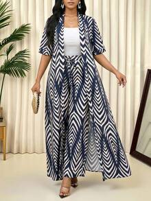 SHEIN Lady 女士夏季度假印花短袖衬衫和阔腿裤两件套 - 藏蓝色 - 查看 5