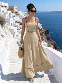 Flora Isola Flora Isola Set de 2 piezas para mujer con top de tirantes finos elegante y falda larga de línea A - Caqui - Ver 7