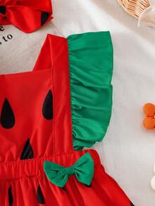SHEIN Playful Pals Baby Girl Ruffle Collar Bow Decor Dress - Red - View 5