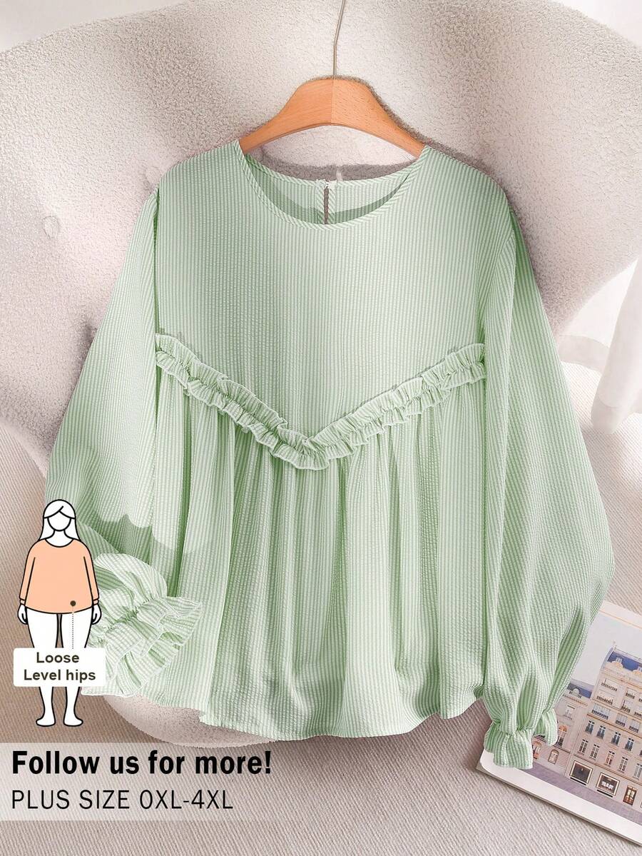 CosyJoli Plus Size Women Striped Round Neck Ruched Casual Versatile Daily Wear T-Shirt - Green - View 1