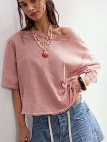 Bohemela Áo thun nữ dệt kim cổ tròn, tay ngắn, màu trơn, dáng rộng, không lưng, kiểu dáng thường ngày. - Bụi hồng - Xem 3