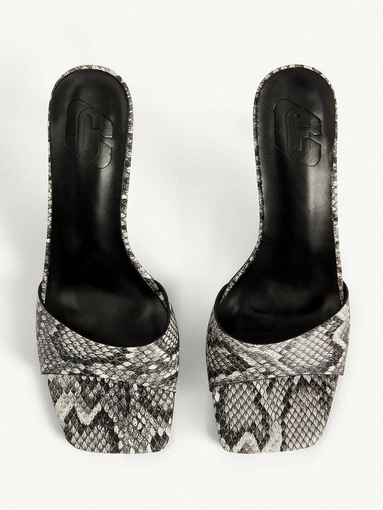 CUCCOO CHICEST Women's High-Heeled Sandals, Gray-White Snake-Pattern Square Toe Stiletto Mule Traps, Fashion Sandals, Retro Wild Date Party High-Heeled Slippers