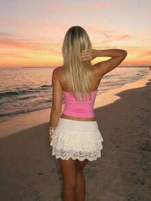 Sundraya 2026 Summer Tropical Palm Tree Print Tube Top Women Pink Strapless Embroidered Irregular Hem Slim Fit Y2K Vacation Crop Top - Multicolor - View 2