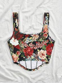 SHEIN VCAY Plus Size Women Floral Print Slimming Versatile Cropped Top, Suitable For Dates And Outings - Black - View 2
