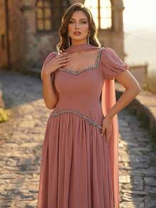 Aureia 大码优雅浪漫甜心领泡泡袖刺绣水钻装饰A字连衣裙，适合婚礼、派对、正式场合、宴会等。 - 藕粉色 - 查看 5