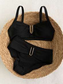 Swim Chiccia 2026春夏棕色粗肩带可调节后背金色U型装饰高腰荷叶边设计女士优雅比基尼泳衣两件套 - 黑色 - 查看 6