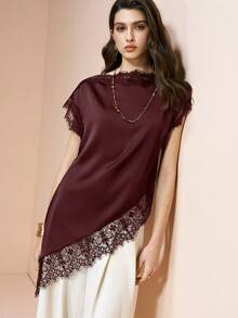Arave 2026 Women Summer Burgundy Satin Lace Elegant Long Top,Autumn Asymmetric Hemline Blouse,Modern Urban Casual Business Office Wear, Wedding Guest - Burgundy - View 3