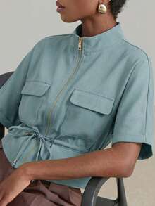 Aveloria Modichic Fashionable Short Utility Shirt With Symmetrical Chest Pockets, Cinched Waist Design, Overall Neat And Practical - Blue - View 6