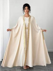 SHEIN PETITE CURVE 加大码两件套中东蕾丝纯色圆领无袖长袍 - 杏色 - 查看 5