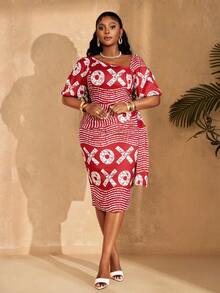 Lunelith SHEIN Lunessa 女士时尚条纹字母印花夏季连衣裙 - 紅色 - 查看 4