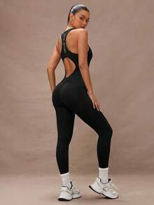 Lumalex 女士无袖镂空简约修身休闲无缝运动连体裤 - 黑色 - 查看 8