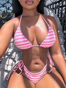 Alexandranx Women's Striped Halter Neck Bikini Set For Summer Beach, Separates - Pink - View 4