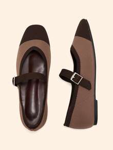 CUCCOO BASICS 女士银色搭扣拼接平底乐福鞋，通勤休闲复古学院风基本款 - 咖啡棕 - 查看 3