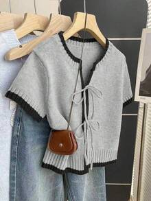 SHEIN Franclia 休闲宽松圆领短袖针织上衣，前系带设计，撞色滚边，卡其色，春夏女装 - 彩色 - 查看 3