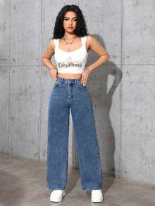 SHEIN PETITE Straight Leg Loose Casual Versatile Daily Wear Women Jeans - Medium Wash - View 4