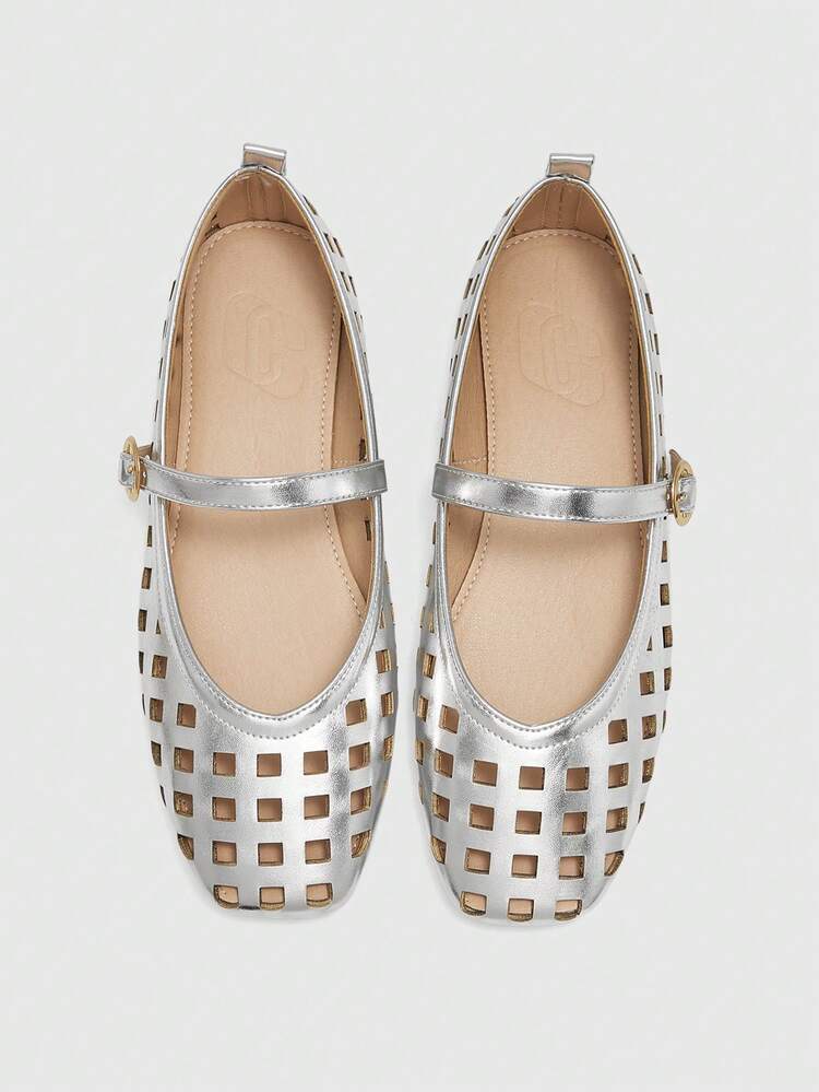 CUCCOO BIZCHIC Spring And Autumn New Products Silver Flat Bottom Square Toe Fashion Hollow Comfortable Women's Flat Bottom Shoes