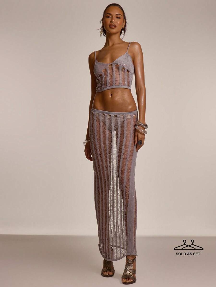 MUSERA Strappy Scoop Neck Knit Sparkly Laddered Top With Knit Laddered Maxi Floor Length Skirt Cute Summer Spring Sexy Going Out Beach Holiday Vacation Honey Tides - Grey - View 1