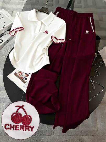 Resyla Cherry Embroidery, Special Crafted Shell Embroidery Fashionable Minimalist Women's Polo Collar T-Shirt + Pants Set, Gift For Friends
