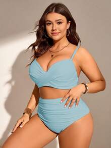 Swim Lushoire One Size Solid Color Ruched Tankini Bikini Set For Summer Beach - Clear - View 3