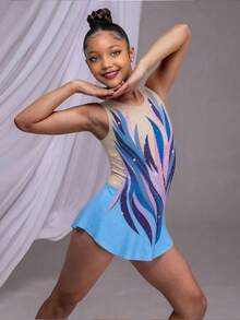 Collant Impresso Fofo para Meninas Pré-Adolescentes para Competição de Dança, Yoga, Patinação Artística, Confortável e Amigável à Pele, Estampa Completa, Macacão Ajustado, Collant para Competição de Dança Escolar - Multicolorido - Visão 3