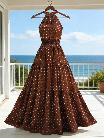 EMERY ROSE Vestido largo con estampado de lunares, volantes en el bajo y cinturón para mujer