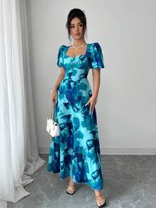 Elenzga Vestido elegante y romántico con cuello de corazón, mangas de pétalo y cintura recogida en línea A, adecuado para vacaciones - Multicolor - Ver 8