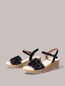 Styleloop Women's Platform Wedge Sandals, Summer Open Toe Woven Rope Sandals With Rhinestone Decor, Bohemian Style Beach Vacation Slip-On Sandals - Black - View 2