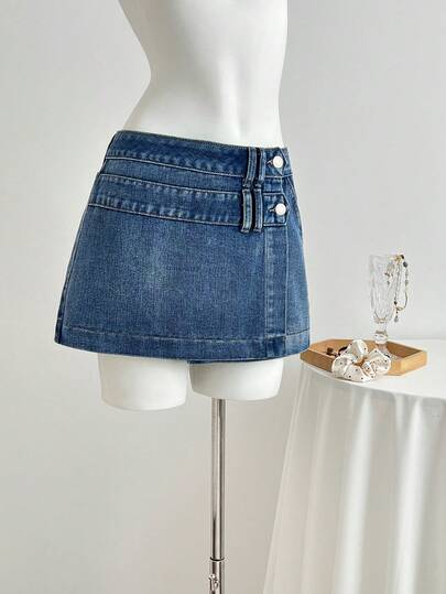 Elamini Women's Casual Denim Skirt With Button Waist Design