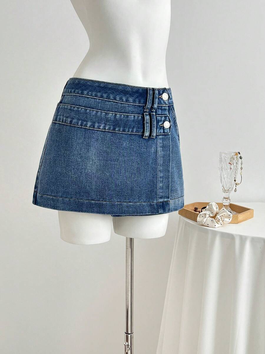 Elamini Women's Casual Denim Skirt With Button Waist Design - Medium Wash - View 1