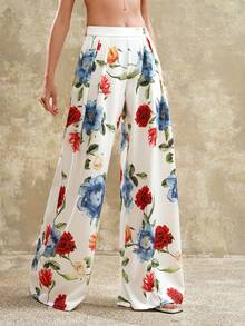 Arave Women's High Waist Wide Leg Pleated Floral Print Design Casual Commuter Pants - White - View 5