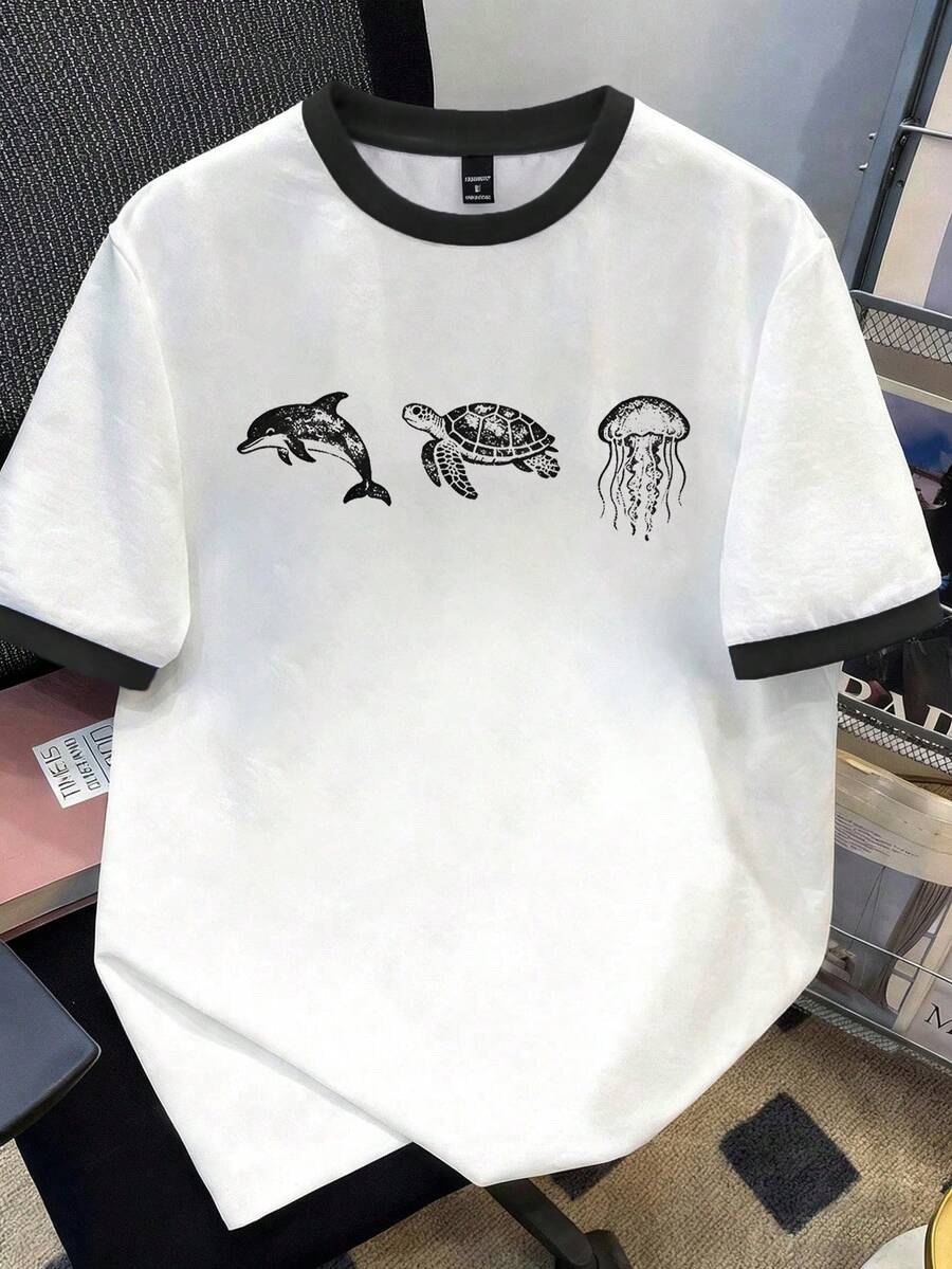 Manfinity Joysei Camiseta casual de manga corta y cuello redondo con estampado de tortuga, ajuste estándar para hombres - Blanco y Negro - Ver 1