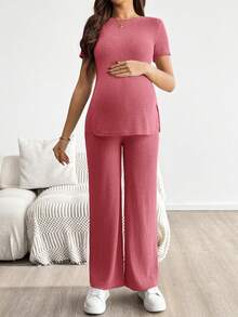 SHEIN 2pcs Maternity Solid Color Short Sleeve Top And Adjustable Waist Casual Pants Set - Hot Pink - View 3