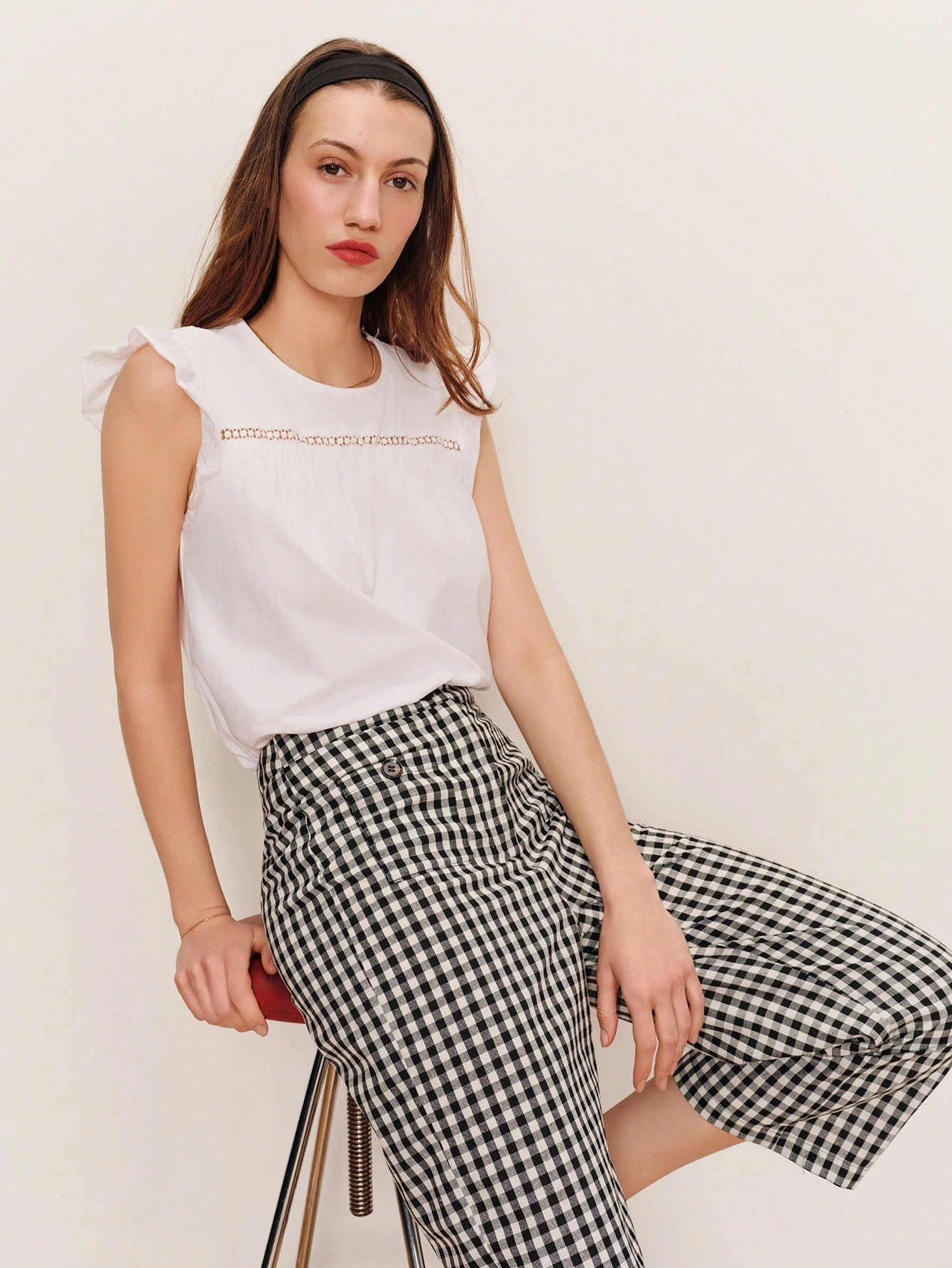 High-Waisted Black And White Gingham Cropped Trousers With Front Patch Pockets Vintage Gingham Pants Spring Summer Vacation Oufit Office Outfit French Style Parisian Style