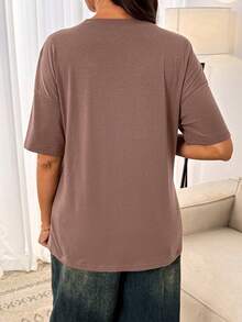 SHEIN Áo thun ngắn tay cổ tròn in chữ dành cho bà bầu - màu nâu - Xem 2