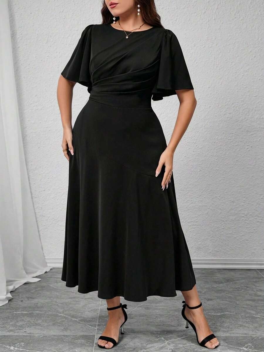 Modelyn 大码女式纯色圆领荷叶袖优雅中长连衣裙 - 黑色 - 查看 1