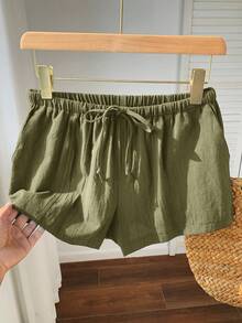 Comfortcana Celana Pendek Wanita Kasual Longgar dengan Tali Serut, Warna Polos, Celana Pendek Linen Serbaguna untuk Pemakaian Sehari-hari dalam Warna Hijau Army - Hijau Tentara - View 4