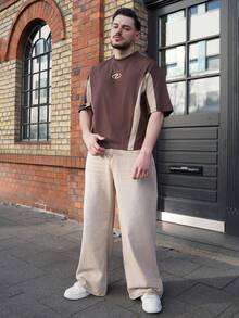 LEOGASHI LEOGASHI Men's Knitted Casual Daily Loose Short Sleeve Patchwork T-Shirt - Brown - View 1