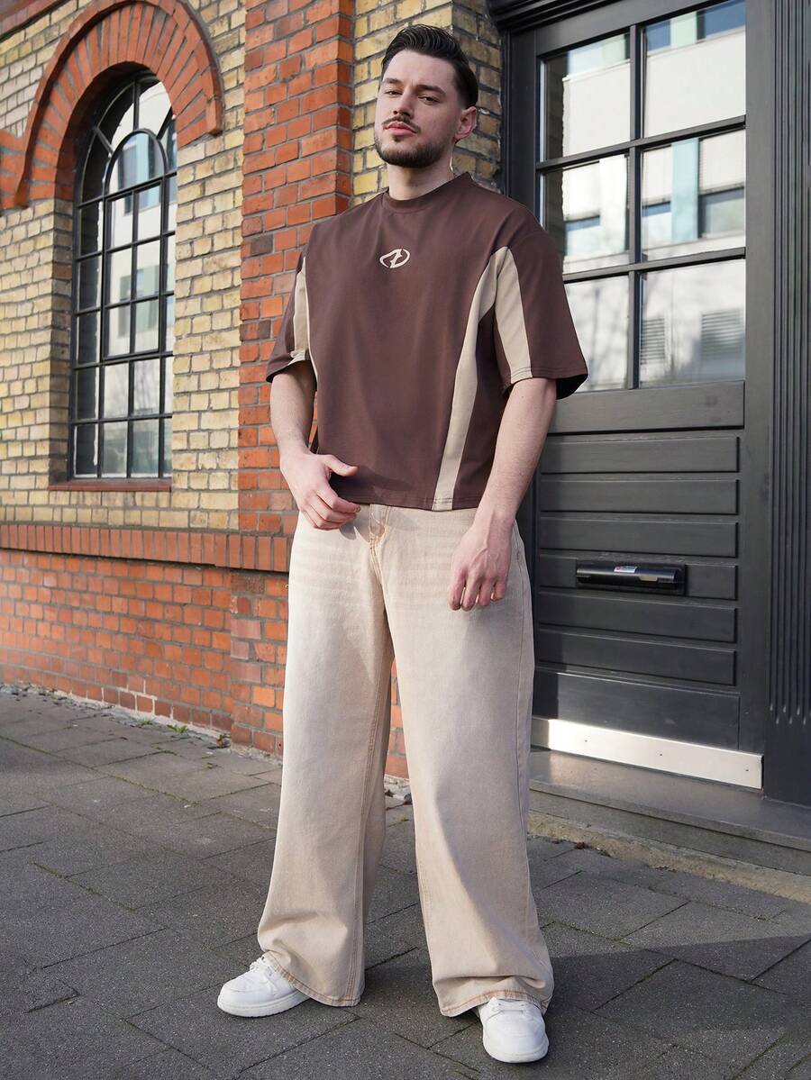 LEOGASHI LEOGASHI Men's Knitted Casual Daily Loose Short Sleeve Patchwork T-Shirt - Brown - View 1