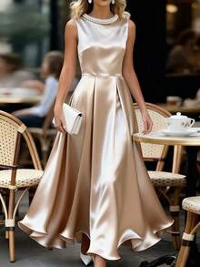 SHEIN LUNE Vestido de punto con cuello redondo decorado con perlas, elástico y brillante, ajustado, que ciñe la cintura con silueta evasé, vestido elegante y de moda, para primavera y verano. Adecuado para uso diario, bodas, banquetes, viajes diarios, fiestas de graduación, eventos festivos y vacaciones. - Champán - Ver 3
