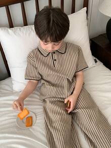 DAZY Young Boy Striped Print Short Sleeve Polo Shirt And Long Pants Pajama Set, Suitable For Spring, Summer And Autumn - Khaki - View 1