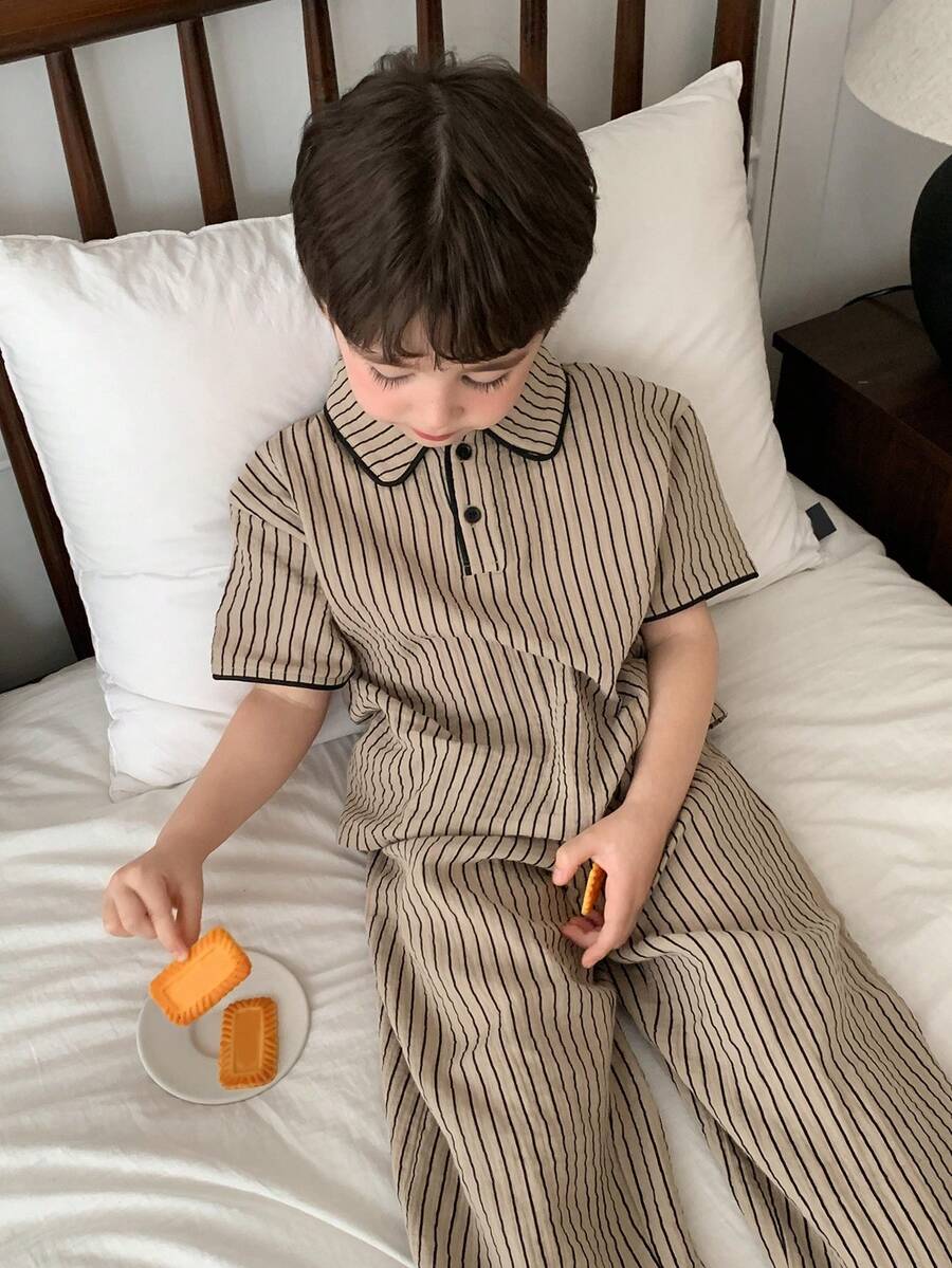 DAZY Young Boy Striped Print Short Sleeve Polo Shirt And Long Pants Pajama Set, Suitable For Spring, Summer And Autumn - Khaki - View 1