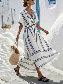 SHEIN PETITE 女士度假条纹交叉V领短袖休闲连衣裙 - 彩色 - 查看 5