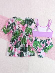 SHEIN Young Girl Floral Print Patchwork One-Piece Swimsuit And Long Robe,  Purple Patchwork Tropical Floral Print Swimsuit + Matching Color Cardigan With Drawstring Thin Breathable Beach Sunscreen Cover-Up Two-Piece Set - Purple - View 2