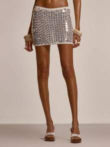 MUSERA Crochet Knit Large Sequin Fitted Mini Skirt Spring Summer Elegant Vacation Holiday Occasion Sexy Seashell Shores - Brown - View 3