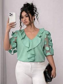 Elenzga Plus Size Women's Mesh Patchwork Puff Sleeve Solid Color V-Neck Ruffle Hem Blouse, Summer - Mint Green - View 1