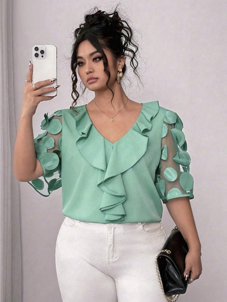 Elenzga Plus Size Women's Mesh Patchwork Puff Sleeve Solid Color V-Neck Ruffle Hem Blouse, Summer - Mint Green - View 1