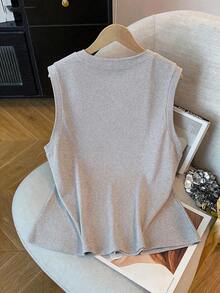 GlowEve CURVE Plus Size Women's Popular Solid Color Round Neck Elegant Slimming Sleeveless Tank Top, Collar Ruffle Design, Versatile For Daily, Commute, Party And Outing - Light Grey - View 2