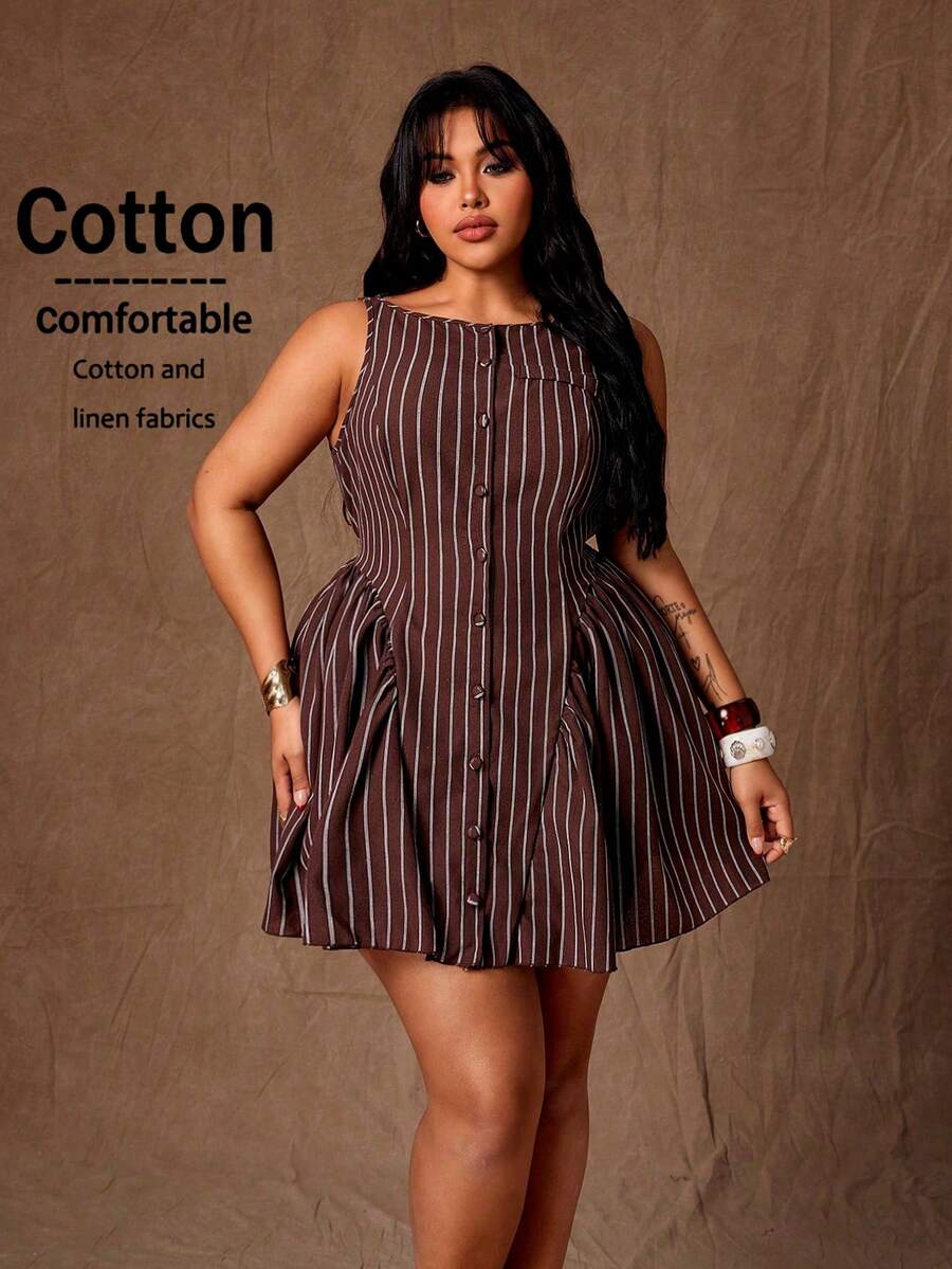 Rustia Gaun Mini Tanpa Lengan Bergaris Cokelat dengan Kancing dan Hem Berumbai untuk Wanita Ukuran Plus, Gaun Kasual Elegan untuk Kerja dan Formal di Musim Panas, Terbuat dari Katun Linen. - MultiWarna - View 1
